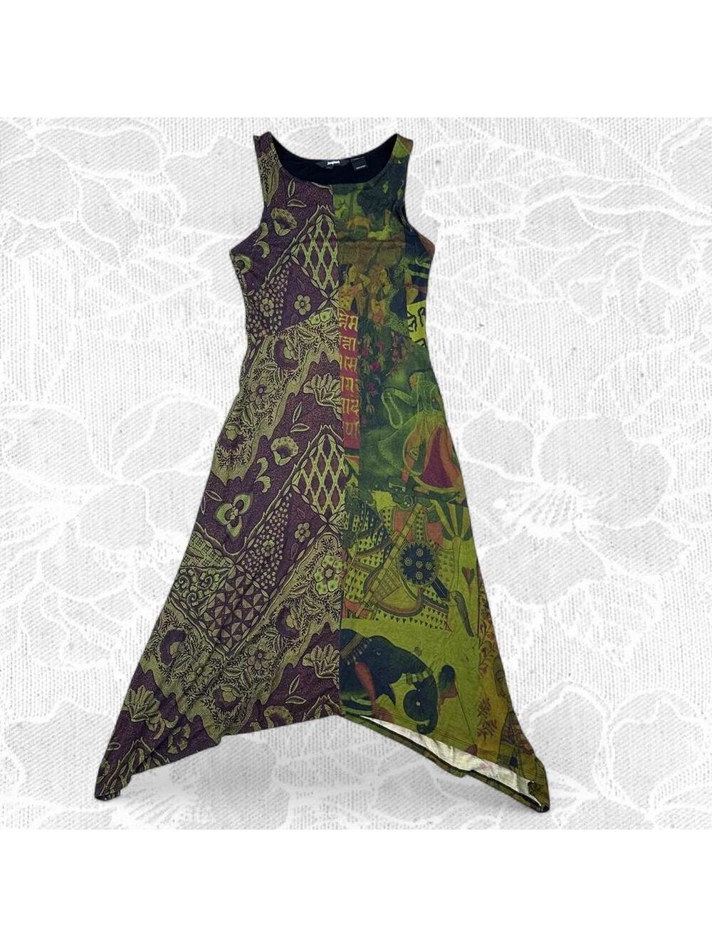 Desigual Sleeveless Nise Asymmetric Midi Flared Green and Purple Dress - S